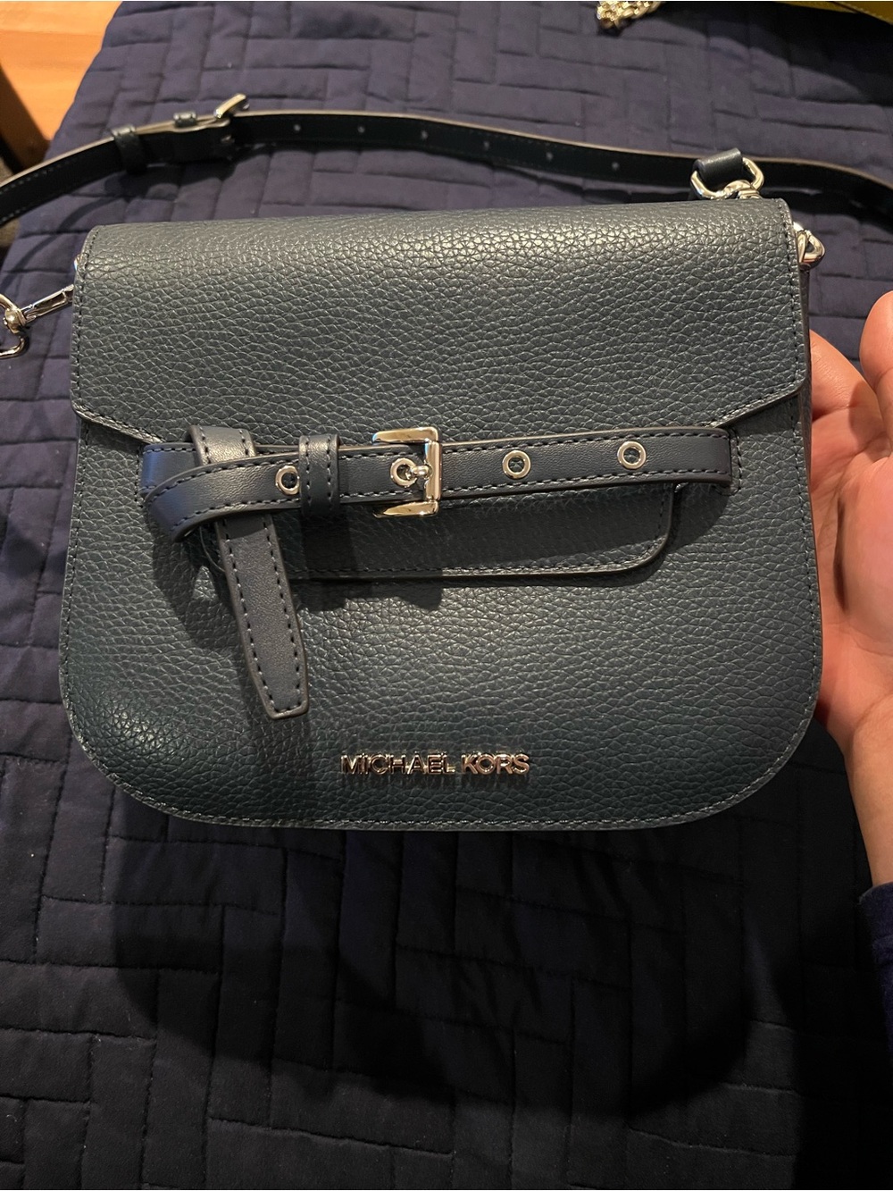 Michael Kors Navy Pebbled Leather Crossbody Bag with Belt Detail